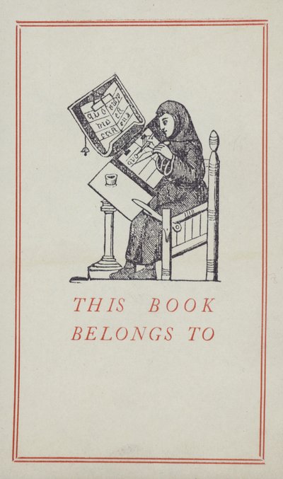 Medieval scribe working on a manuscript, book ownership label by English School