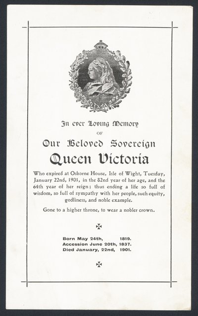 Memorial Card for Queen Victoria by English School