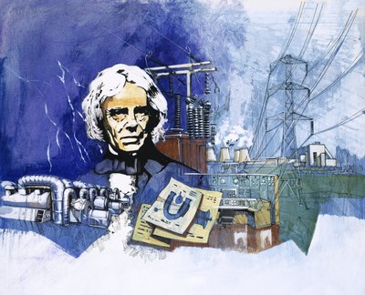 Michael Faraday with Electrical Power Station in Background by English School