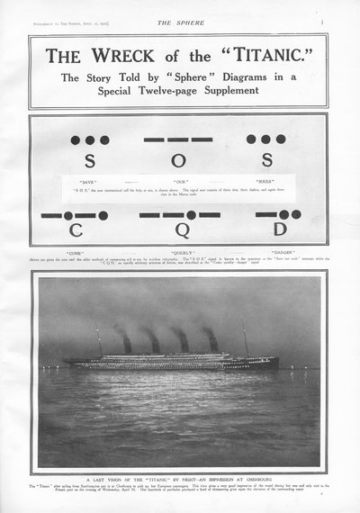 Morse Code signals and illustration of the steam ship docked at Cherbourg at night, from The Sphere, 27 April 1912 by English School