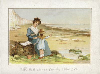 Mother and Child on Beach - New Year Card by English School