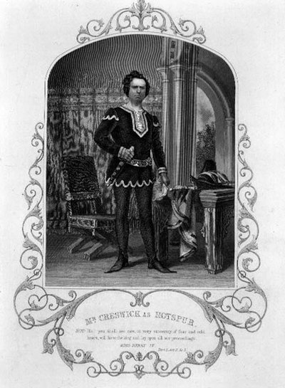 Mr. Creswick as Hotspur, Act II Scene 3 from Henry IV (Part I) from a daguerrotype by Paine of Islington, pub. by John Tallis & Co. by English School