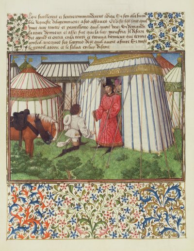 Desire kneels in front of Honour imploring the help of Heart, facsimile edition of Livre du Coeur d