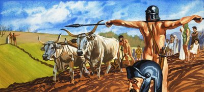Naked soldier guards men and women toiling in fields by English School