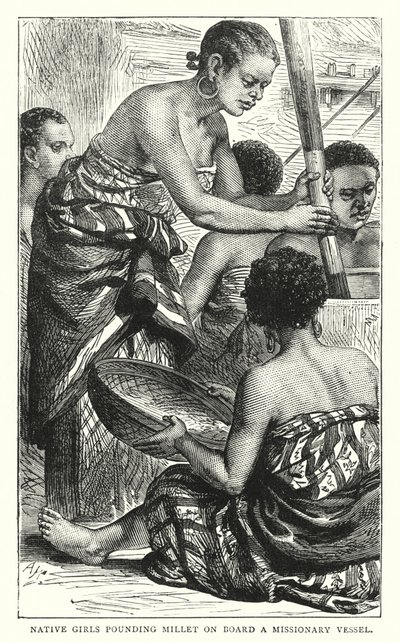 Native Girls Pounding Millet on Board a Missionary Vessel by English School