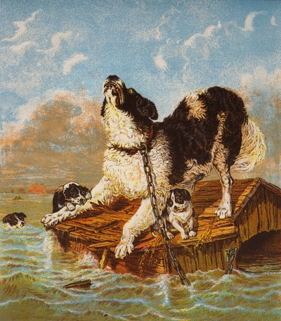 Newfoundland Dog and Puppies in Peril by English School
