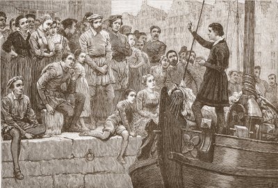 Nicholas preaching to the crowd from a boat on the Scheldt by English School