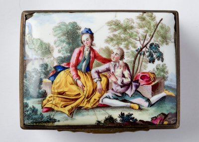 Oblong Box with Lovers in a Landscape on Lid, and Painted Flowers and Insects on Shaped Sides by English School