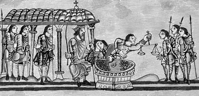 Officers receiving and weighing coins at the exchequer 1130-74, from 