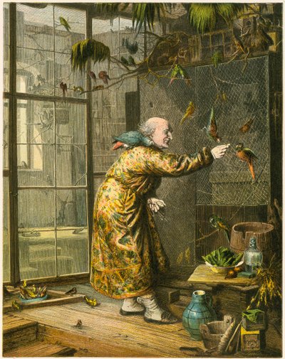 Old man in his aviary by English School