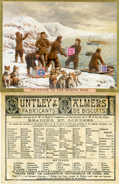 On Route to the North Pole, front and back of a promotional card for Huntley & Palmers Biscuits, produced for the French market, 1890 by English School