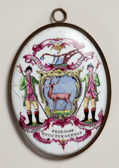 Oval medallion for the Society of Bucks, showing two foresters supporting a shield painted with a stag by English School