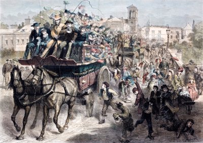Packed coaches taking Londoners for a day out in the country in Victorian times by English School