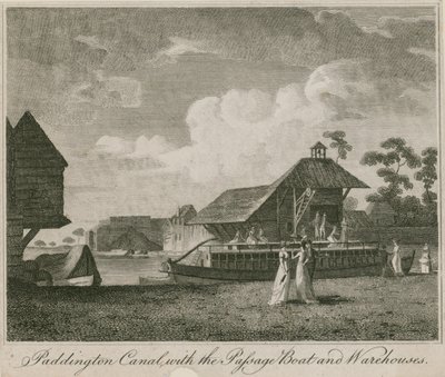 Paddington Canal, London, with the passage boat and warehouses by English School