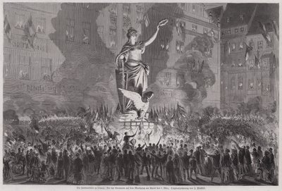 Peace celebrations before the statue of Germania in the market square of Leipzig, Germany, on the evening of 5 March 1870 by English School