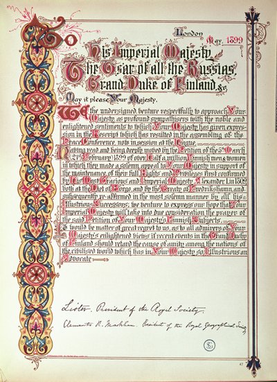 Petition to Tsar Nicholas II of Russia protesting against the Russification of Finland, 1899 by English School