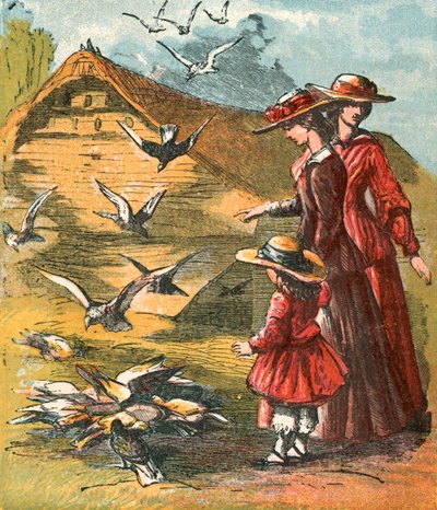 Pigeons coming to eat corn by English School