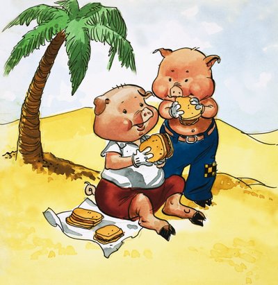 Pigs picnic on a desert island by English School