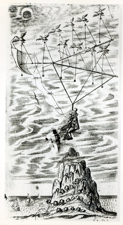 Plane, illustration from the frontispiece of The man in the moone or a discourse of a voyage thither by Domingo Gonsales, the speedy Messenger by Francis Godwin by English School