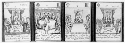 Playing cards depicting events early on in the reign of Queen Anne, from a set commemorating the War of the Spanish Succession (1702-13) by English School