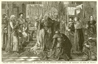 Poland under Hungary: Coronation at Cracow of the Angevin King Louis I of Hungary as King of Poland by English School