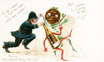 Police Constable Chasing Christmas Pudding and Bottle of Wine, Christmas Card by English School