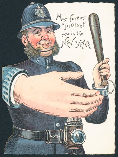 Policeman Holding Truncheon with Large Hand, New Year Card by English School
