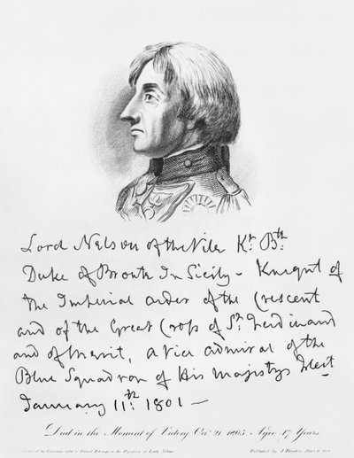 Portrait of Admiral Horatio Nelson with his handwriting by English School