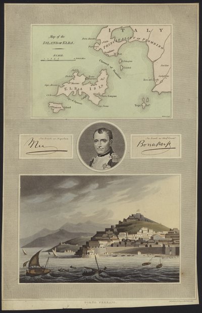 Portrait of Napoleon Bonaparte with a Map and a View of Elba by English School