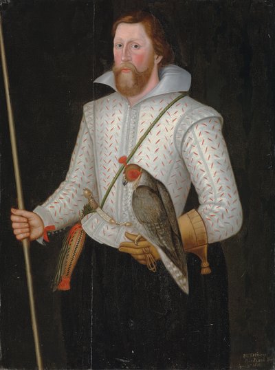 Portrait of Sir Thomas Monson, Half-Length, in a Slashed White Doublet, Girdled with a Sword, Holding a Falcon and His Wand of Office by English School