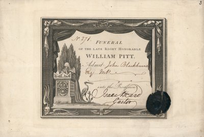 Procession admission ticket to the funeral of William Pitt by English School