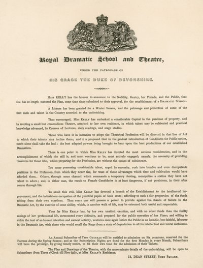 Promotional letter for the Royal Dramatic School and Theatre, 73 Dean Street, Soho Square, London by English School