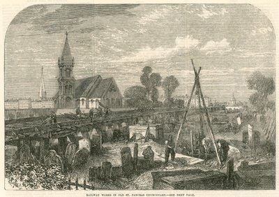 Railway works in Old St Pancras Churchyard, London by English School