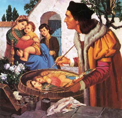 Raphael Painting Madonna and Child on the Top of a Wine Barrel by English School