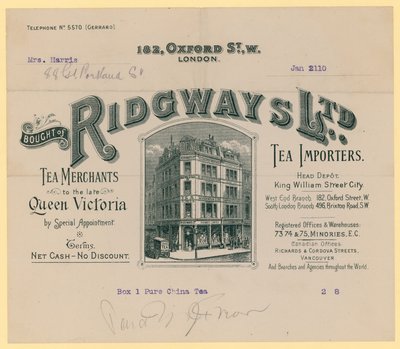 Receipt from Ridgways, tea importers, 182 Oxford Street, London by English School