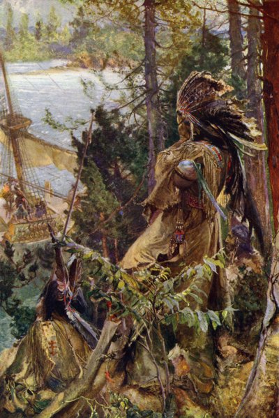 Red Indians Watching the Arrival of a French Ship by English School