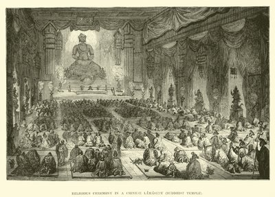Religious Ceremony in a Chinese Lamasery, Buddhist Temple by English School