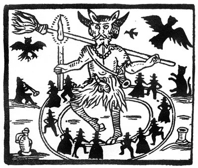 Robin Goodfellow, represented as Priapus with goat horns, erect penis and surrounded by circle of dancing worshippers by English School
