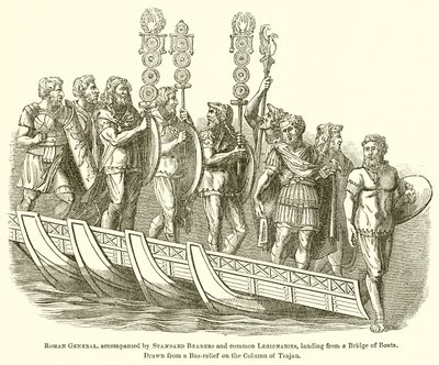 Roman General, accompanied by Standard Bearers and Common Legionaries, landing from a Bridge of Boats by English School