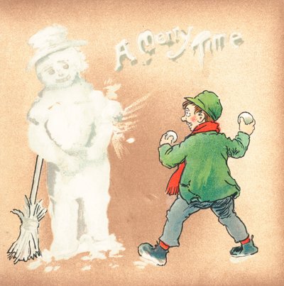 Rough Boy Throwing Snowballs at Snowman, Christmas Card by English School