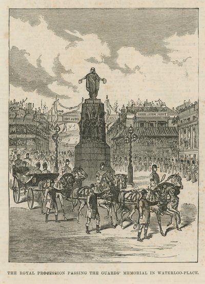 Royal procession passing the Guards Memorial in Waterloo Place by English School