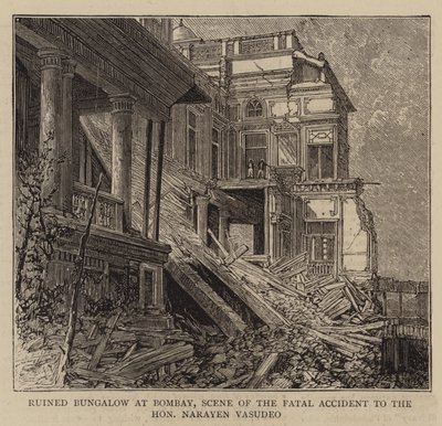 Ruined Bungalow at Bombay, Scene of the Fatal Accident to the Honourable Narayen Vasudeo (engraving) by English School