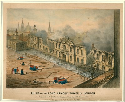Ruins of Long Armory, Tower of London Fire, 1841 by English School