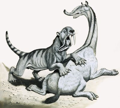 Sabre-toothed tiger attacking unidentified prehistoric creature by English School