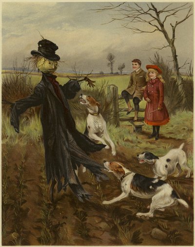 Scarecrow Being Attacked by a Pack of Dogs as a Boy and Girl Watch by English School