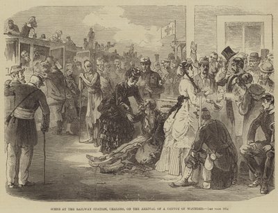 Scene at the Railway Station, Chalons, on the Arrival of a Convoy of Wounded by English School