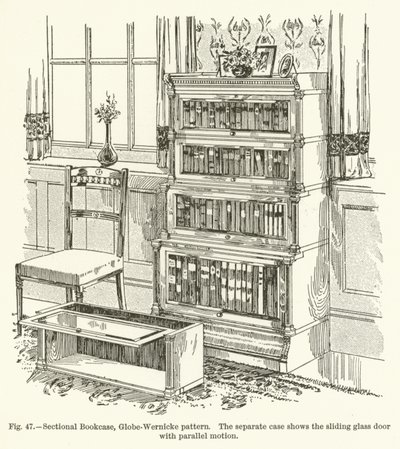 Sectional Bookcase, Globe-Wernicke pattern, the separate case shows the sliding glass door with parallel motion by English School