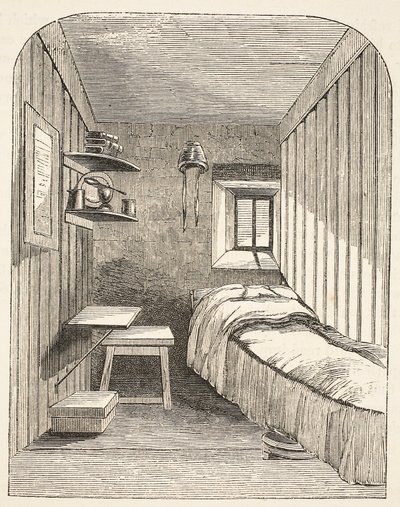 Separate sleeping-cell in one of the new wings of the Female Convict Prison at Brixton, illustration from The Criminal Prisons of London and Scenes from Prison Life by Henry Mayhew and John Binny, pub by English School