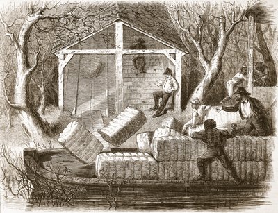 Shooting Cottin-bales into the fore part of the river-steamer Magnolia, illustration from The Illustrated London News, 1861 by English School