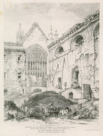 Sketch of the South Window of Westminster Hall with the Ruins of the House of Lords by English School